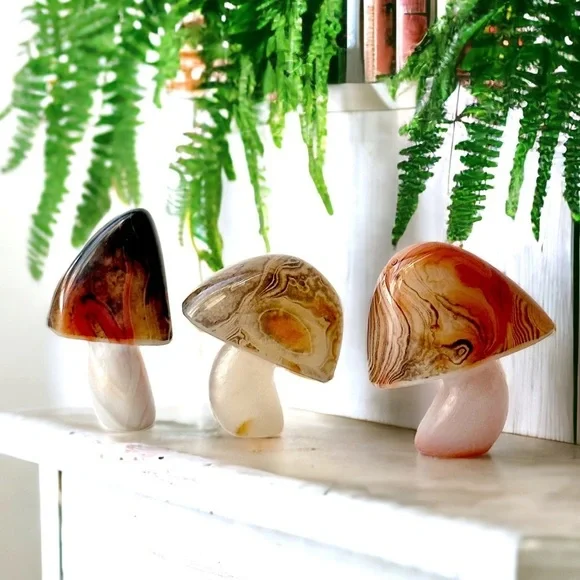 Banded Agate SET Artisan Hand Carved Luminous Mushroom Crystal Trio UNIQUE Accents